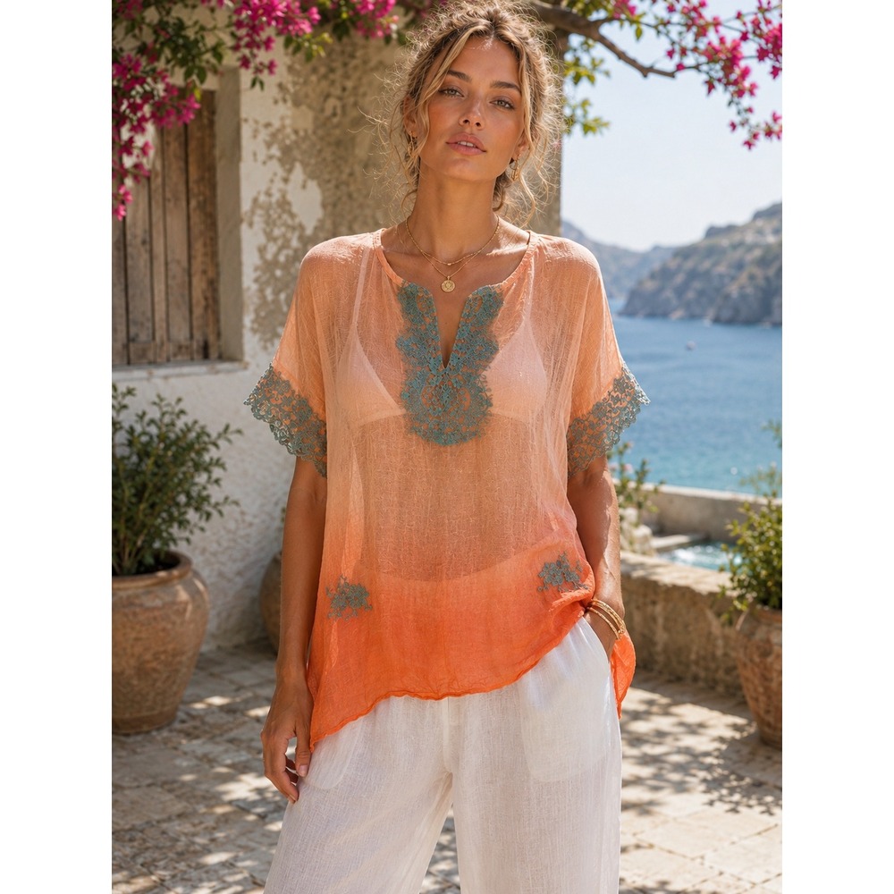 Vanita Rosa Paris St Barth 100% Linen Calais Lace Gauze Resort Top‎ France